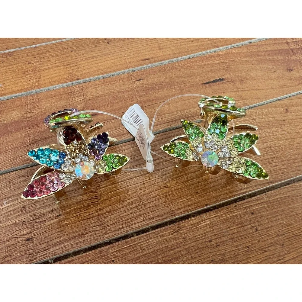 Set of 2 Gold Metal Flower Hair Claw Jaw Clips with Ombré Jewels Rhinestones NOS